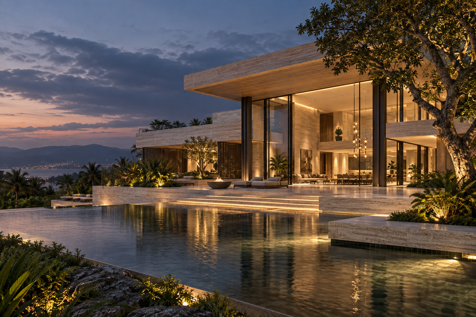 Concept visualization of a contemporary stone residence with warmly lit interiors and a reflecting pool at dusk